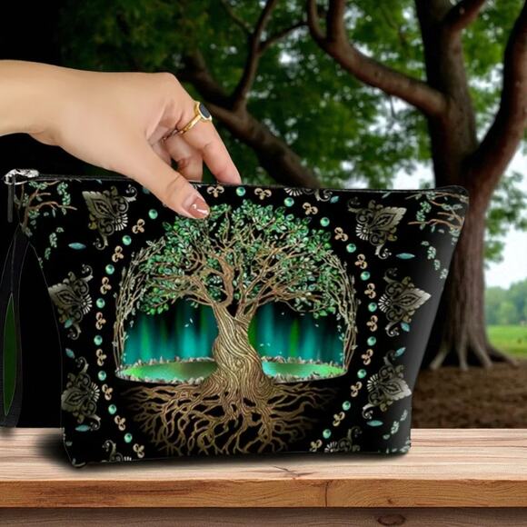 Tree of Life Cosmetic Bag Green 7x10x2 - Mystical Multi-Functional Makeup Pouch - Picture 7 of 13